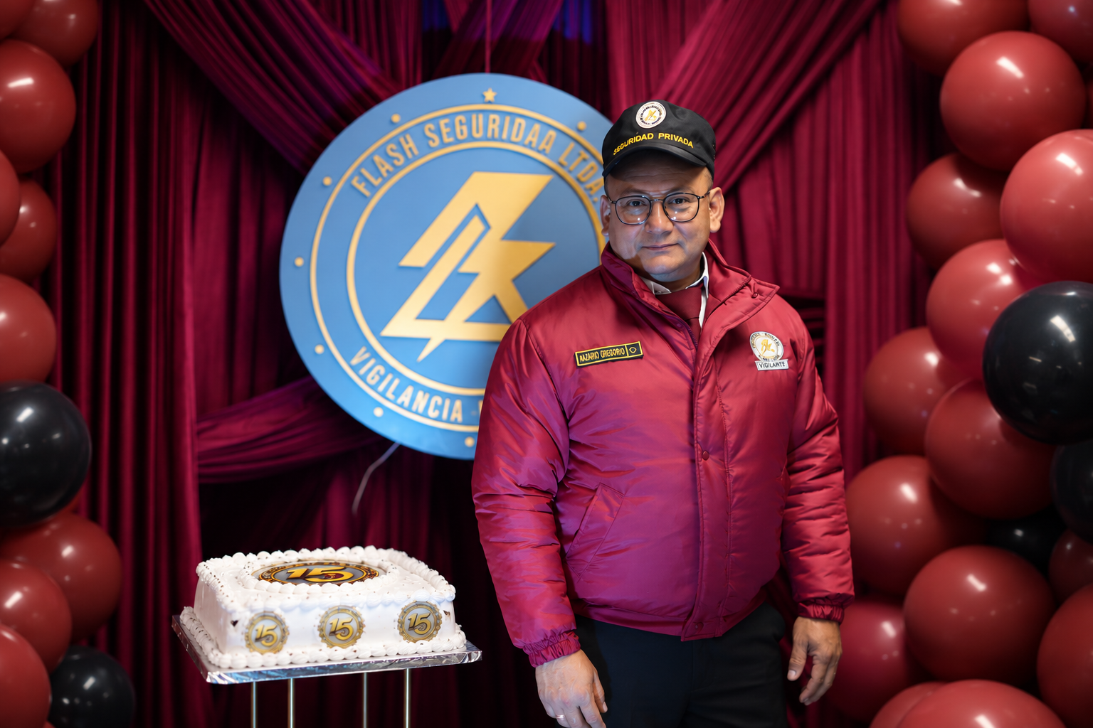 Equipo junto al pastel de aniversario